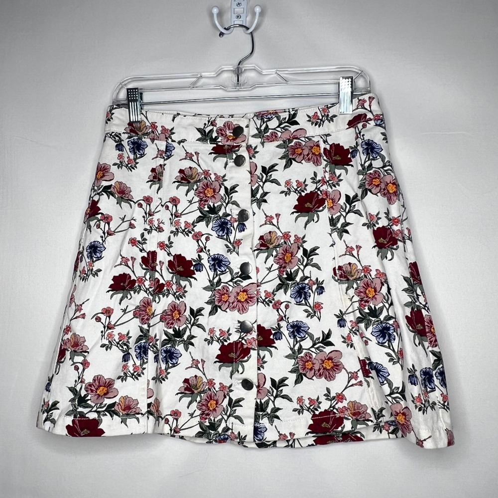 Cottage Floral Denim Mini Skirt Size 12‎ White Pink Blue Button Front Garden